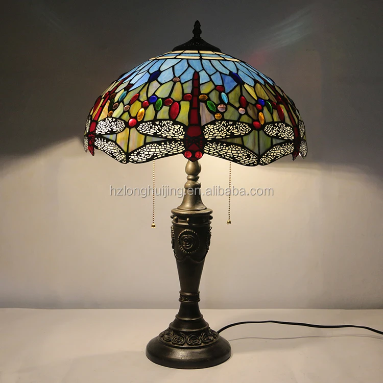 LongHuiJing Country Style Tiffany Style Antique Table Lamps Stained Glass lampshade with Rose Pattern Desk Lights