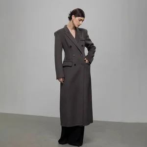 Winter High-end Shoulder Pad Double-sided Woolen Coat Women's Double Breasted Long Jacket Waist Cinching Overcoat