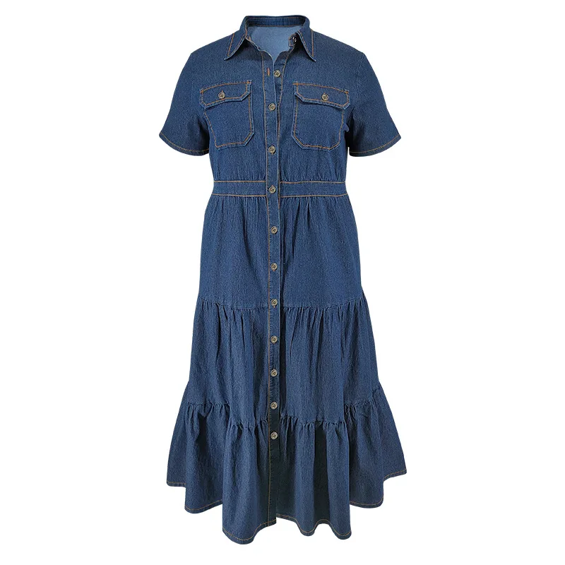 Y218580 High-Quality Denim Dresses Women Casual Elegant Turn-down Collar  Maxi Shirt Dress Ladies Jeans Dresses for Women