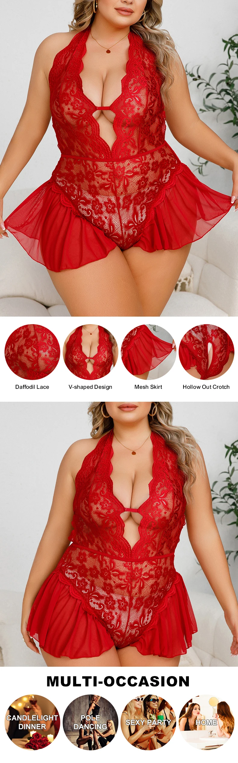 Plus Size Sexy Deep V Neck Hollow Out Nightwear Halter Lacing Ultra Thin Fat Women Lingerie Lace