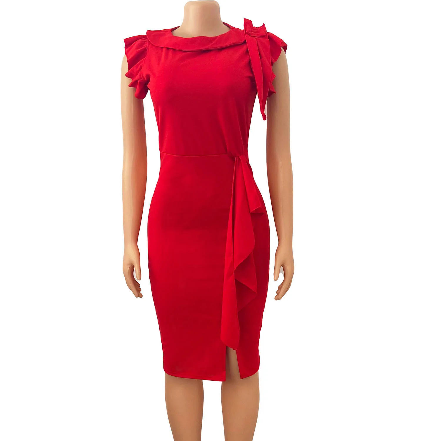 red dress fast shipping Red, Dusty Blue, Navy | Plus Size Satin Gown with Draped Bodice, Lace Straps & High Slit CDCDS496C