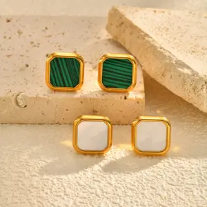 Vintage Style Stud Earrings Women Stainless Steel White Green Stripe Square Earring