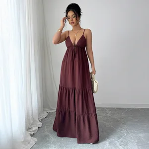 D&M Fashion Custom Greek Goddess Boho Sexy Deep V-neck Dress Open Back Bohemian Cotton Linen Maxi Casual Dress for Women
