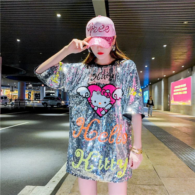 Women Custom Top Mickey Black Sequin Jersey Dress Short Sleeve Sequin T-Shirt  Dress Blouse| Alibaba.com