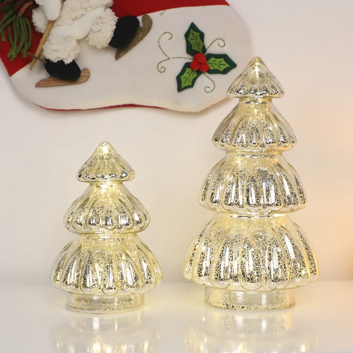 Special Shaped Mercury Painted Golden/Silver Lighted Up Glass Christmas Tree Decoration Luxury Battery Base for Holiday Gifts