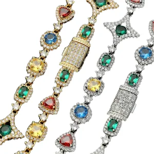 Fashion New Style Jewelry Colorful Gemstone Cubic Zircon Geometry Motif Brass Chain Link Necklace for Unisex