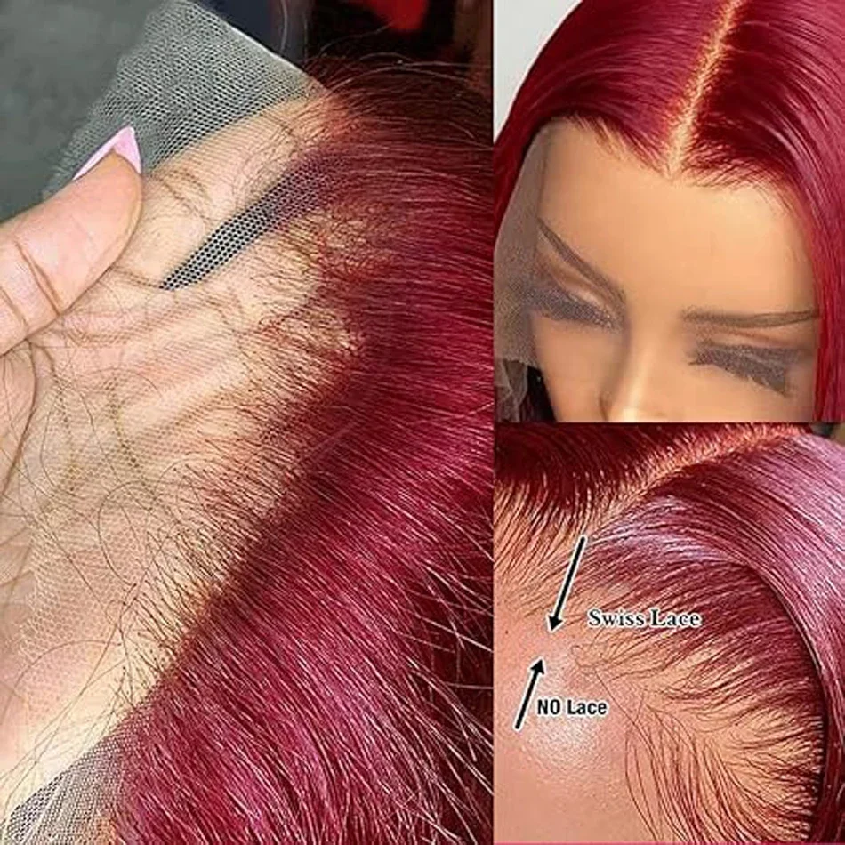 Peluca de cabello humano color borgoña con encaje frontal, densidad 99J, 210 % para mujer_voghion.com