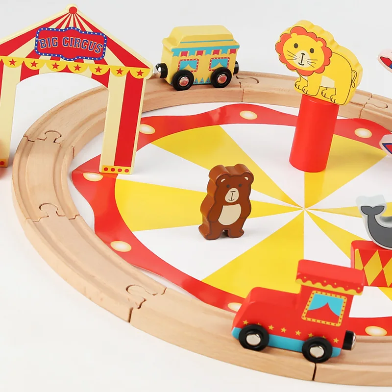 COMMIKI 25 Pieces of Circus 4cm Track Beech Wooden Thomas Small Train Set Kindergarten Assembly Building Toy