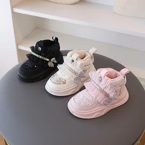 Children Spring Autumn Butterfly Rhinestone Sports Shoes Breathable Girls PU Soft Walking Board Shoes