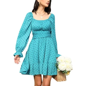 Women's 2026 Casual Long Lantern Sleeve Floral Print Chiffon Dresses Square Neck Ruffle Tie Back Elastic Waist A-Line Short Mini