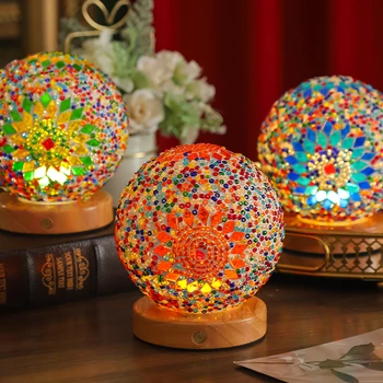 Cute Light Children&#39;s Night Lighting Wooden Base Remote Control Timing Bedroom Lamp Mosaic Table Lamp Baroque Night Light