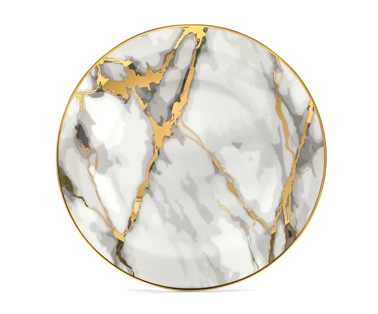 Wholesale restaurant marble pattern dinner grey tableware set dishes gold rim serving charger platter ceramic wedding plates