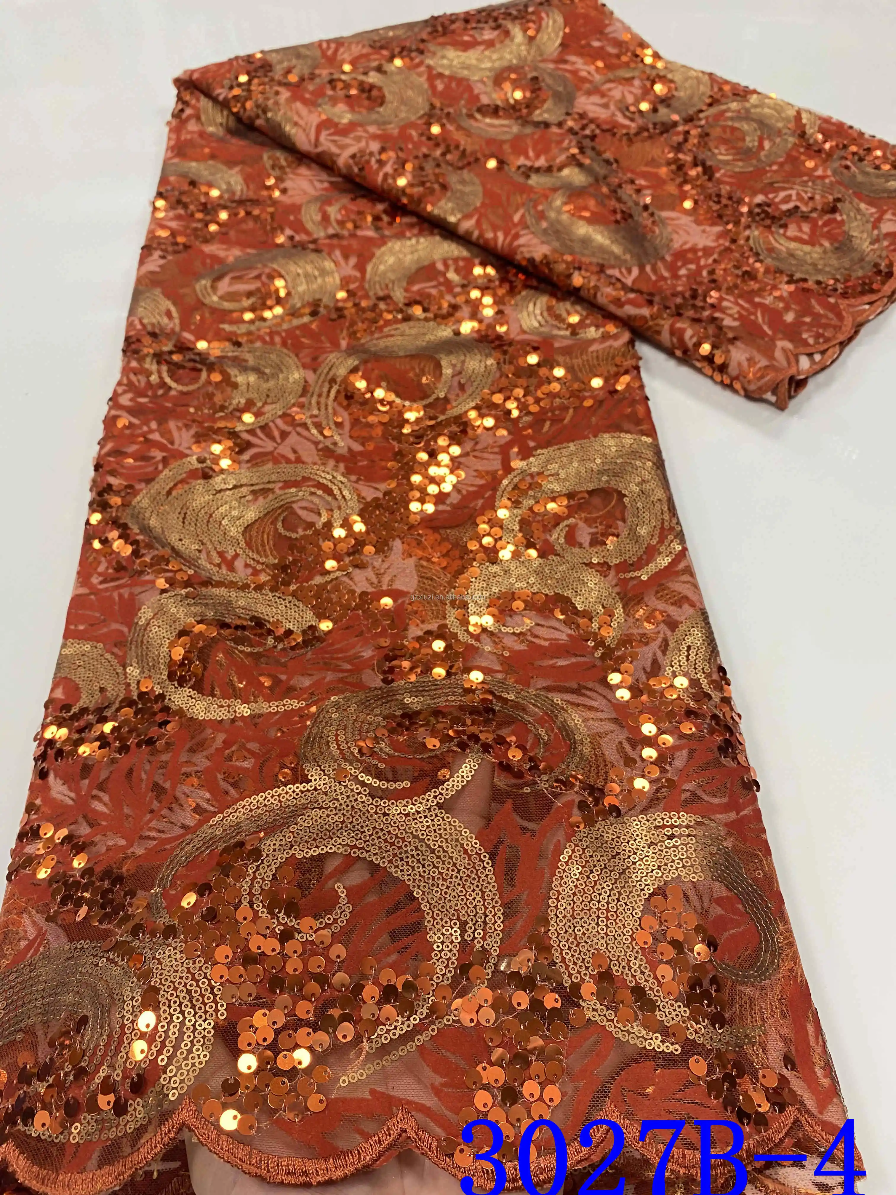 Burnt Orange Sequence Lace Fabric ...