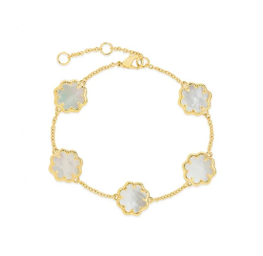 18K Gold Plated 925 Sterling Silver Flower Shaped Mother of Pearl Bracelet with 6.5" Length