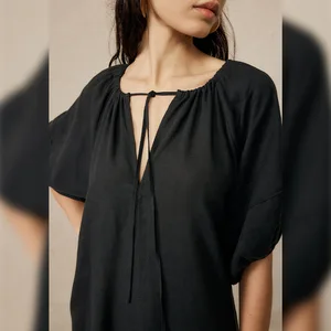 European and American Cotton and Linen V-neck Dress with Lace-up  Casual  Comfortable and Elegant Dress