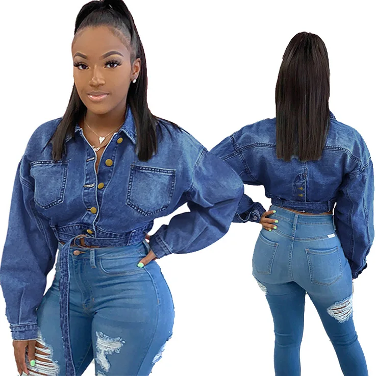 Wholesale Women Denim Short Jacket Loose Casual Long Sleeve Crop Top Boyfriend Denim Jacket With 8294