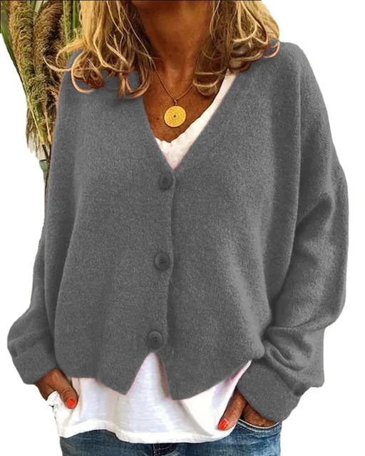 Women's Winter OEM Service Knitted Cardigan Sweater Single Breasted Long Sleeve V-Neck Solid Color Casual Style Winter