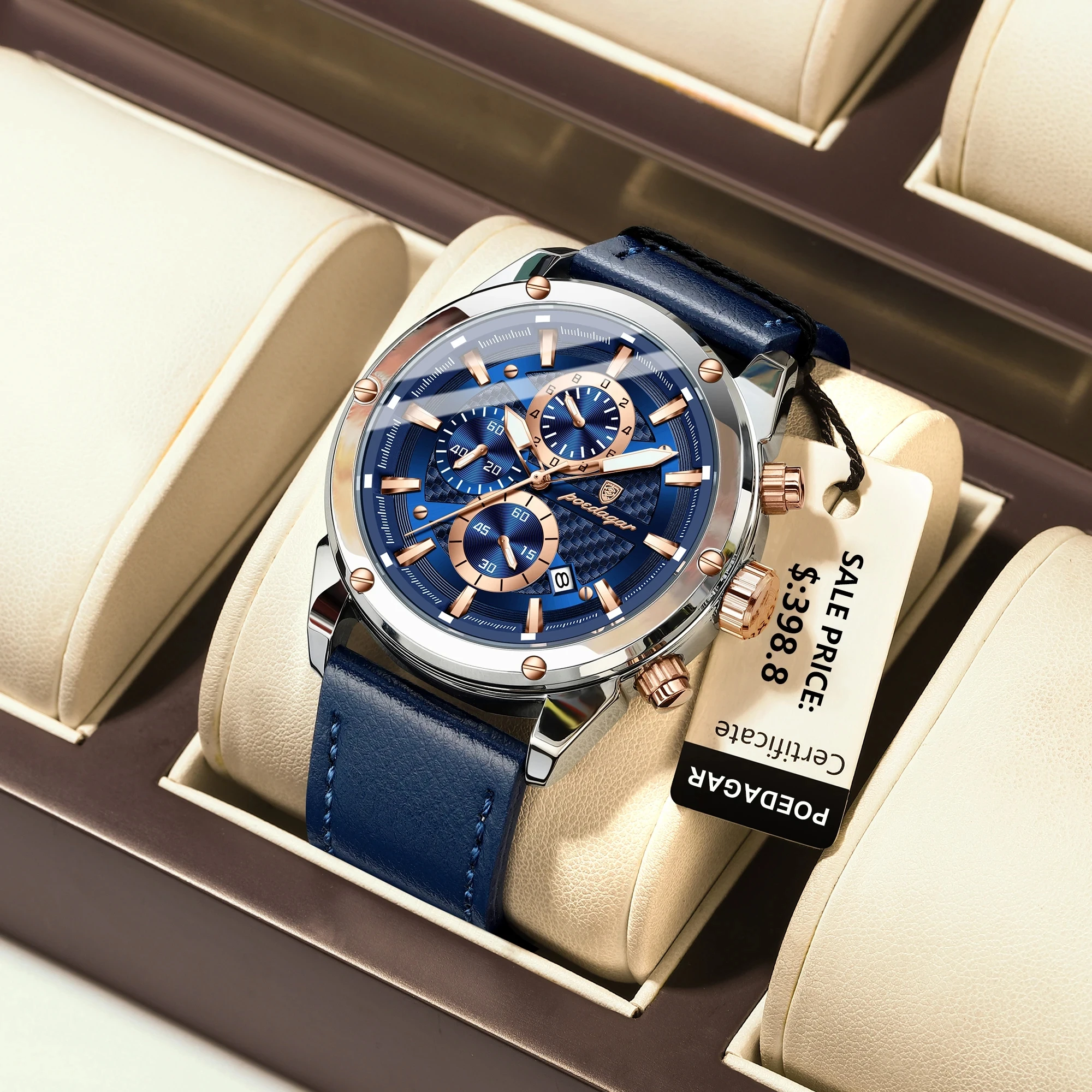 POEDAGAR 860 Fashion Classic Genuine Leather Band Clock Hardlex Dial Window Material Men aperçu 2