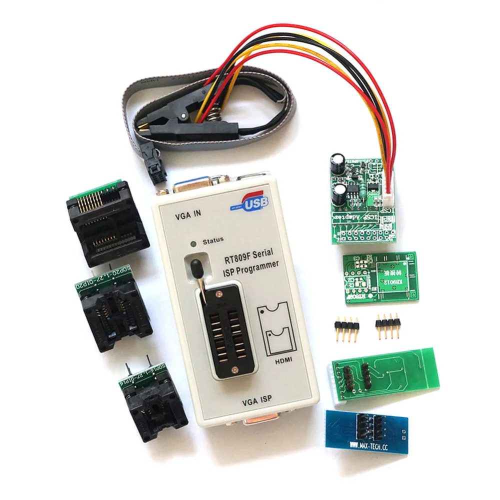 RT809F Integrated Circuit Programmer with +7 Adapters SOP16 SOP20 IC Clip Motherboard Reader LCD BIOS ISP/ USB/ VGA