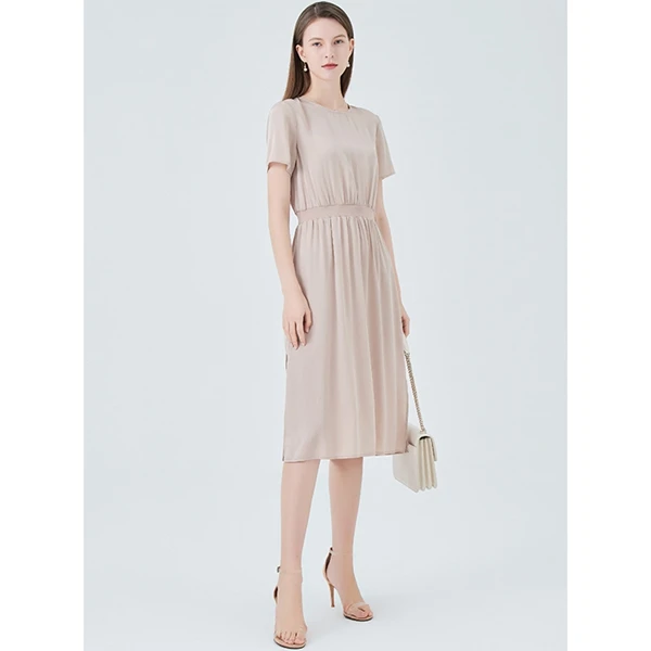 Изготовленный на заказ; Летние футболки «French разрез шелковое платье миди с короткими рукавами вневременной Элегантная Леди Стиль тонкий вид О-образным вырезом