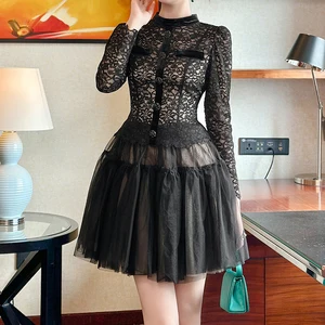 ZYHT 45347 Black Lace Mini Dress with Velvet Trim & Puff Sleeves Button Bodice Dress Women Vintage Party Dress