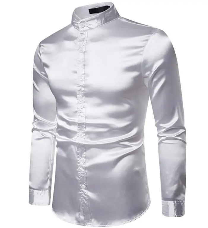 Men's Black Satin Dress Shirts Silk Designer Shirt Slim Fit Wedding