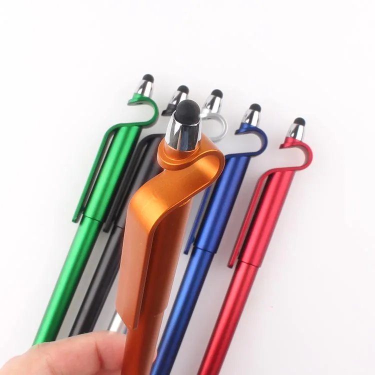 Custom logo plastic multi function mobile phone holder active stylus ball pen for touch screen with gel ink