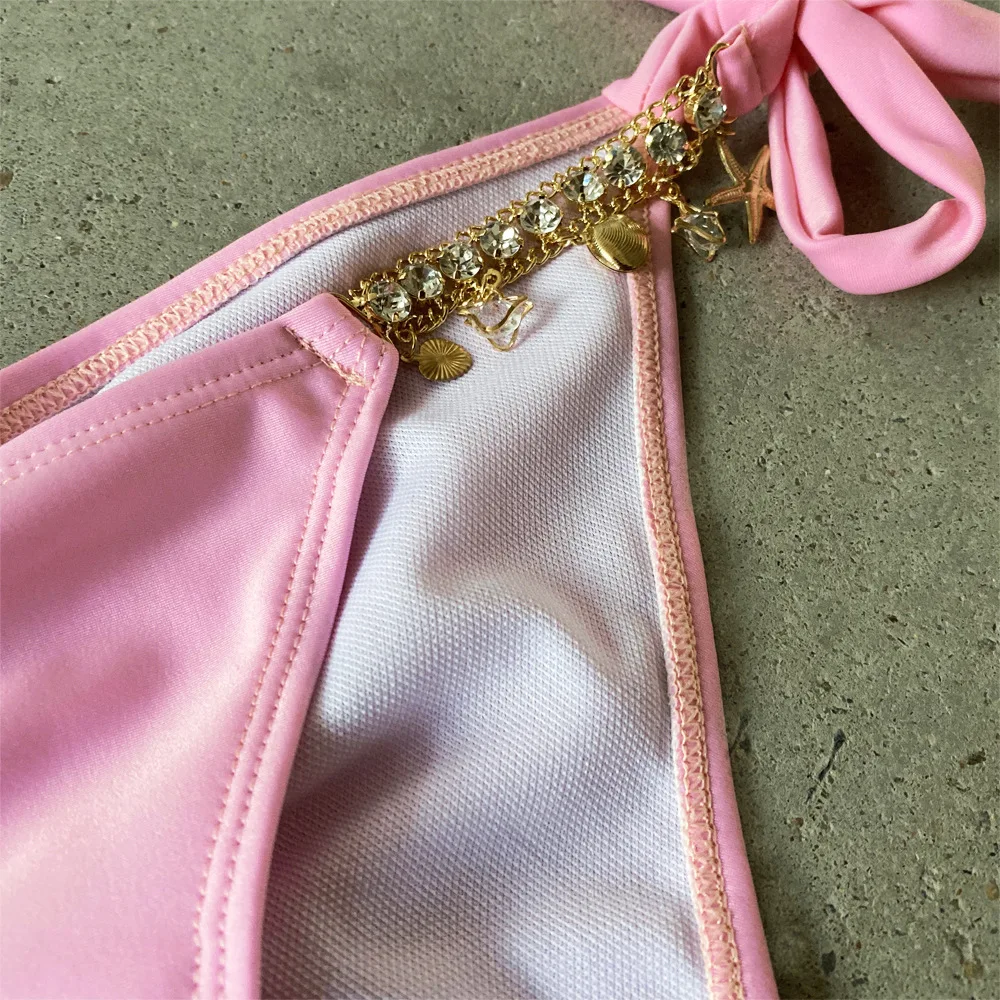 Chain String Top 2023 Summer Hot Rhinestones Chain String Sexy Solid Color Two Piece Set ...
