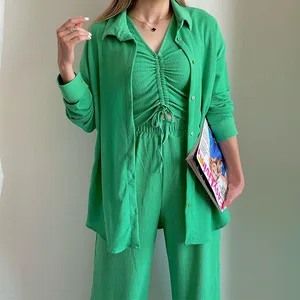 Autumn New Long-sleeved Shirt Drawstring Long-sleeved Wide-leg Pants Casual Suit 3 Piece Workout Set Women