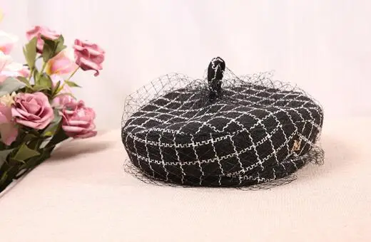 Шляпка с вуалью женская винтажный берет в стиле ретро французский японский Европейский черный белый