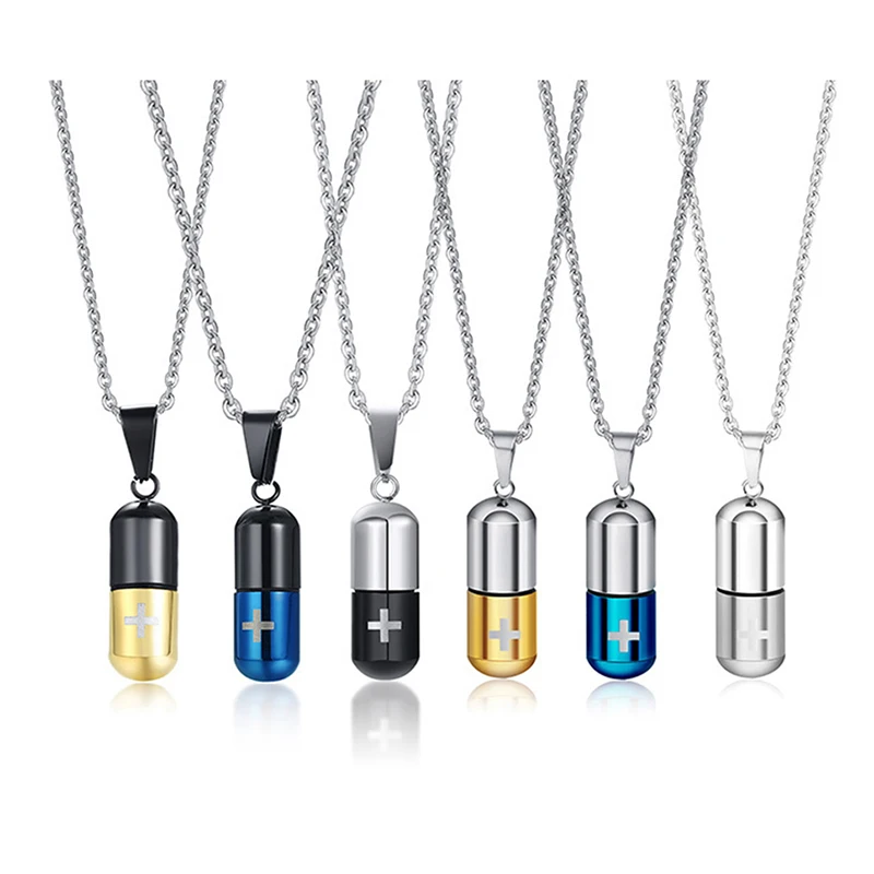 Stainless Steel Cylindrical Capsule Pill Pendant Necklace, Cremation Jewelry for Ashes,Multi Color Option Gift for Mens Womens