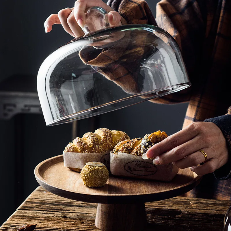 Acacia Wooden Round Food Tray Wood Luxury Cake Stand With Glass Dome