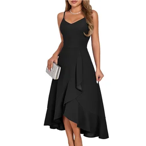 Women's Summer Breathable Slim Fitting Camisole Dress with Ruffle Hem for Party Outfit Natural Waistline