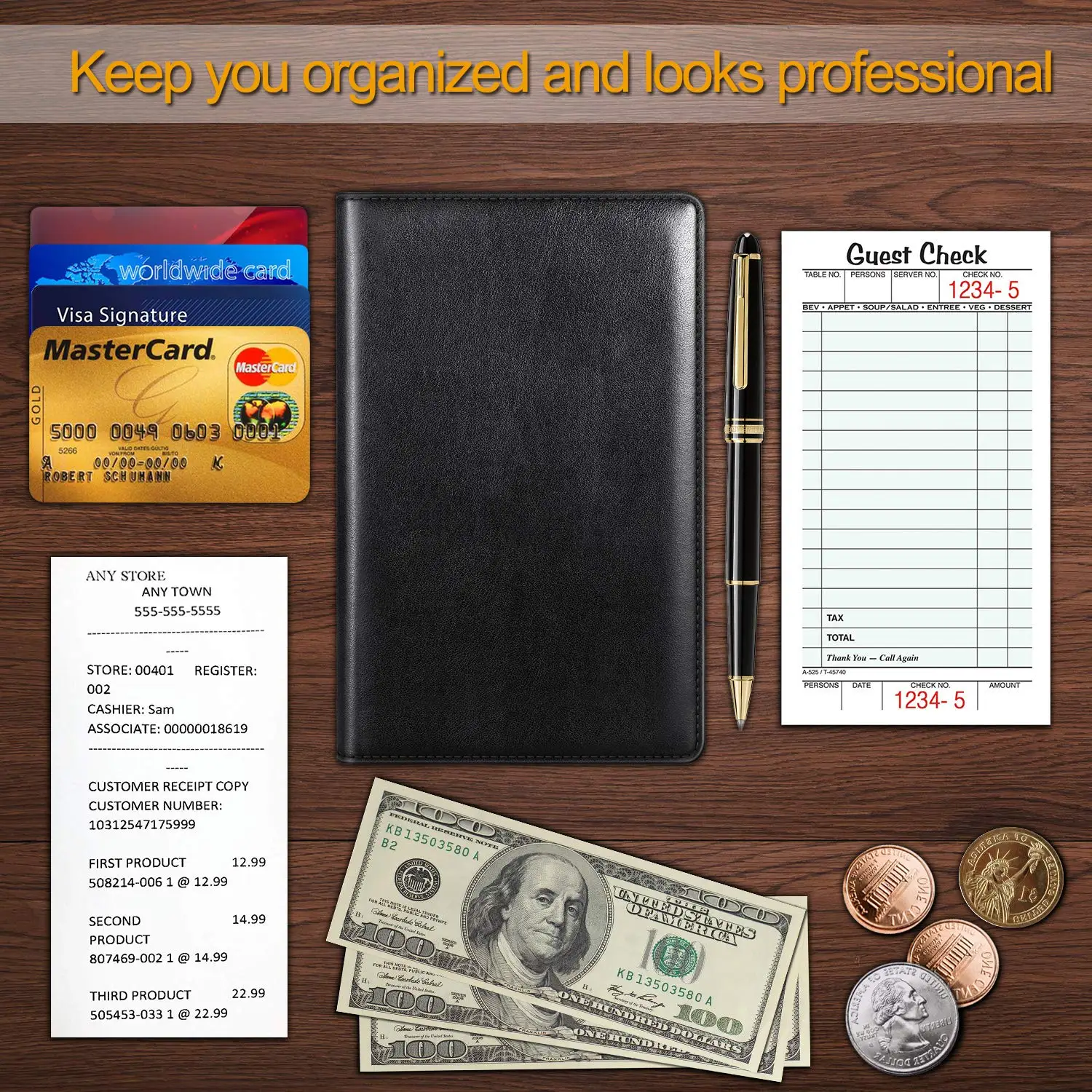 PU 가죽 레스토랑 게스트 체크 발표자와 웨이터 책 주최자 보유 서버 책 지퍼 포켓