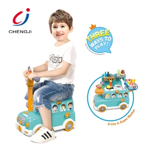 3 in 1 Ride on Car Pretend Play Toys Educational School Bus Pretend Play Supermarket Toy Kid Cash Register Toy Set