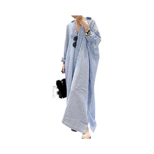 Chouyatou Women's Summer Floor-Length Maxi Casual Loose Striped Cotton Chiffon Fabric Vintage Style Sexy Buttons Design Natural