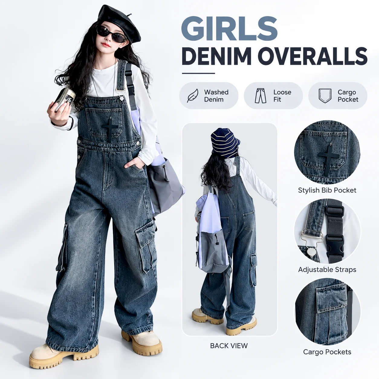 Fashion Korean-style Spring Autumn Girls' Loose Fit Wide Leg Denim Jeans Pants Detachable Overalls for Teen Girls