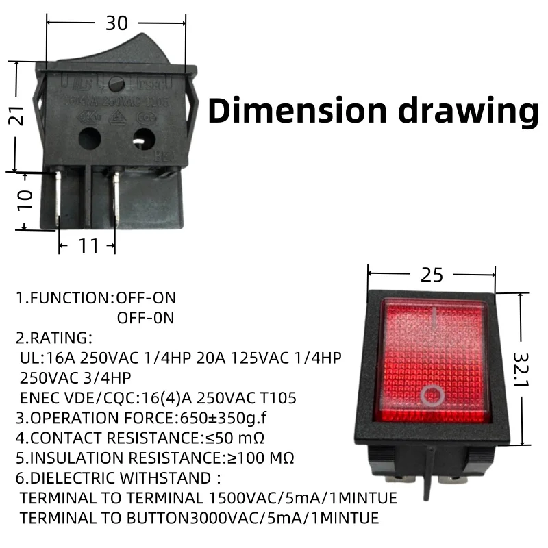 16A 250V Industrial Rocker Switch 2 Position Control High Conductivity ...