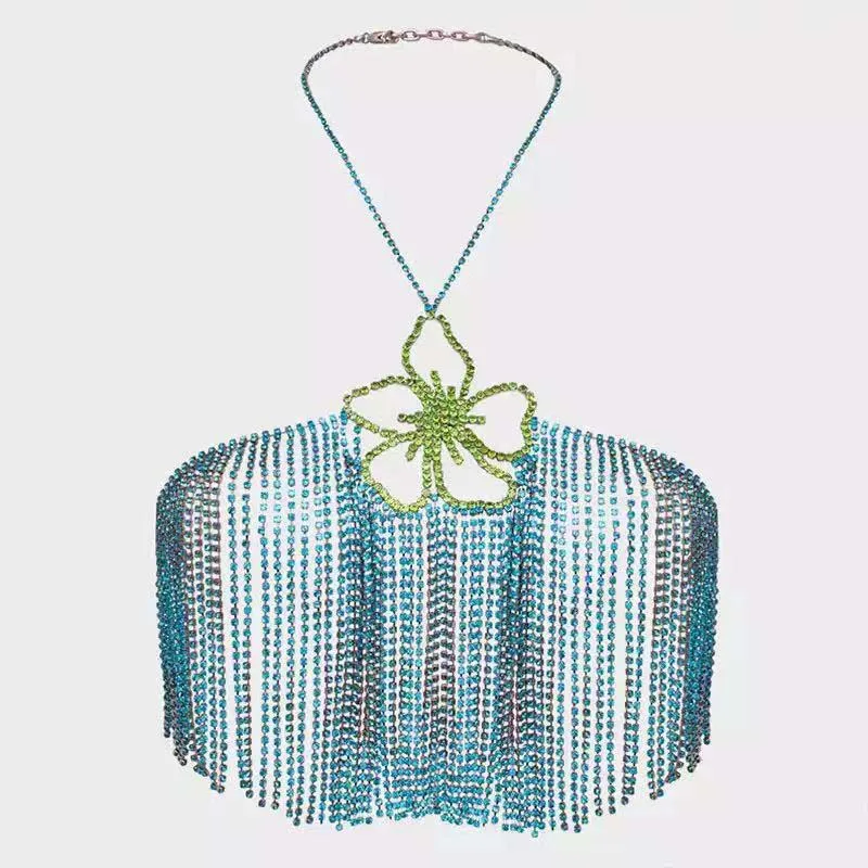 Handmade jewelry bra orange crystal halter neck hollow tassel top sexy body chain.