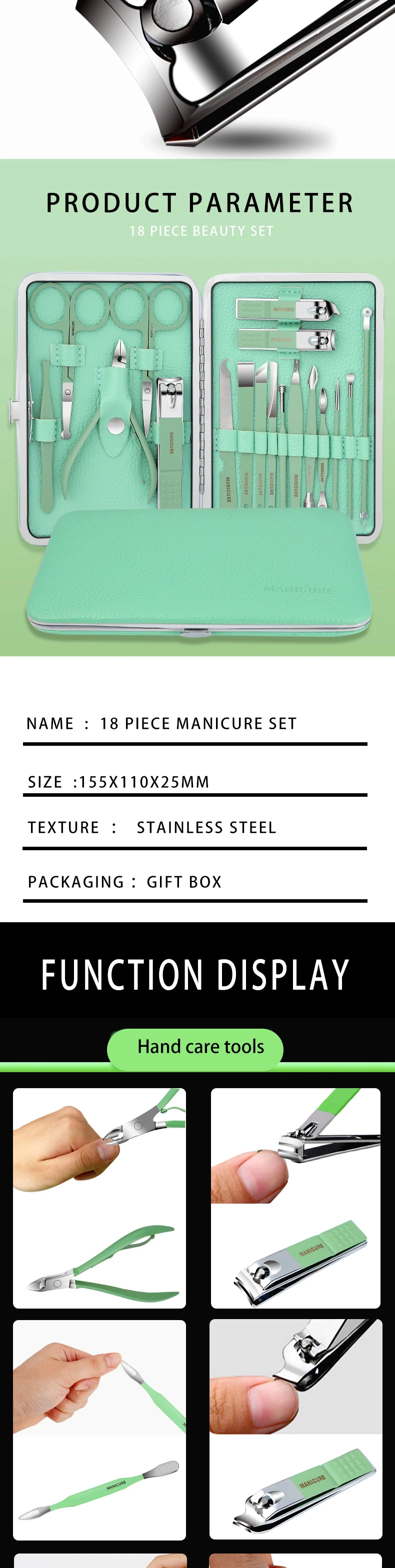 product high quality manicure tool pedicure set nail clippers kit 18 pcs green manicure set-6