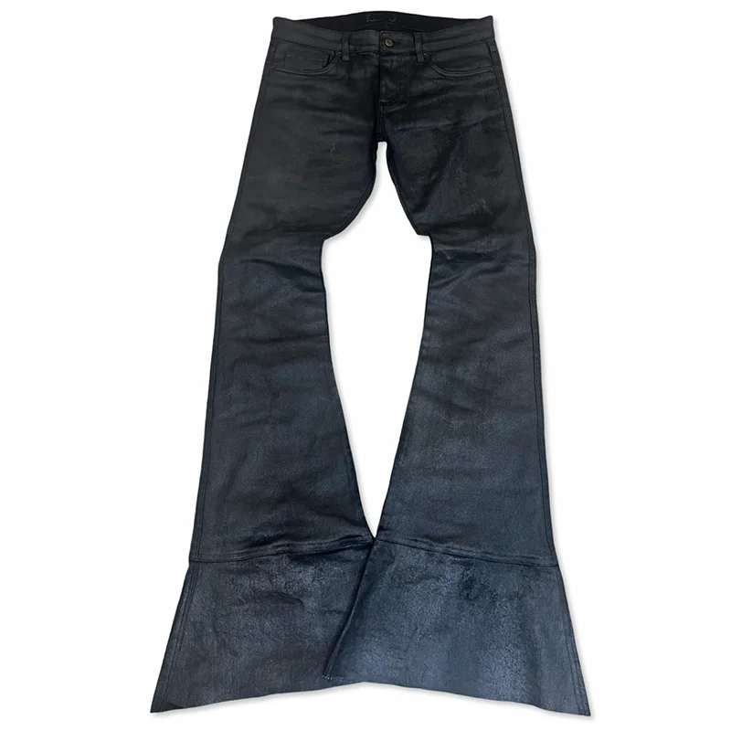 Custom Y2k Streetwear Washed Design Skinny Stacked Flared Waxed Black Jeans Men