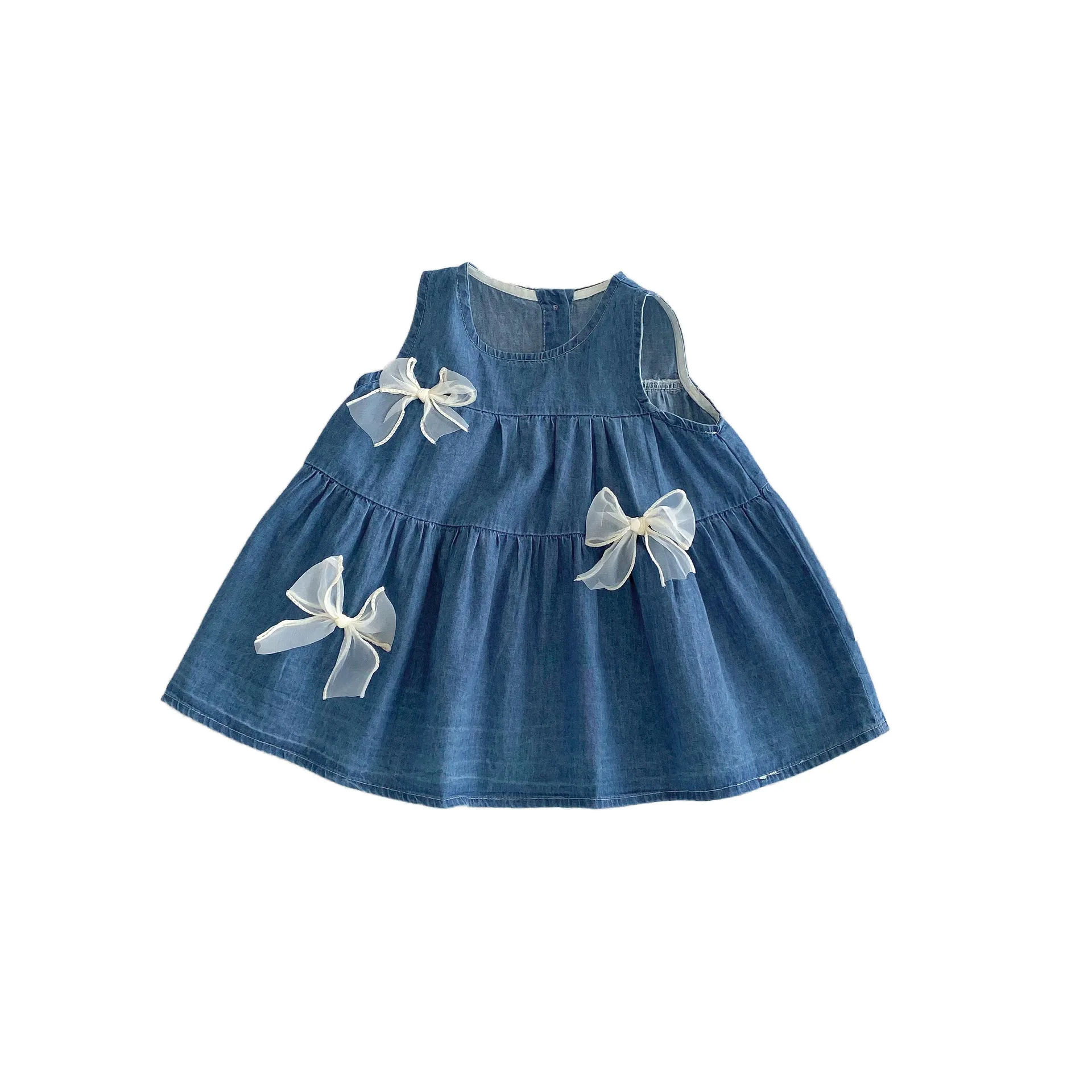 Wholesale Girls Cute Denim Dress 0-5 Years Old ummer Korean Children's Wear Baby Bow undress Children's olid Color kirt,3 Pieces