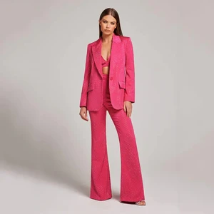 High Quality Customized Fashion Women's Set Slim Elastic Office Wear Diamond Inlay Suit and Pants Two Piece Business Suits