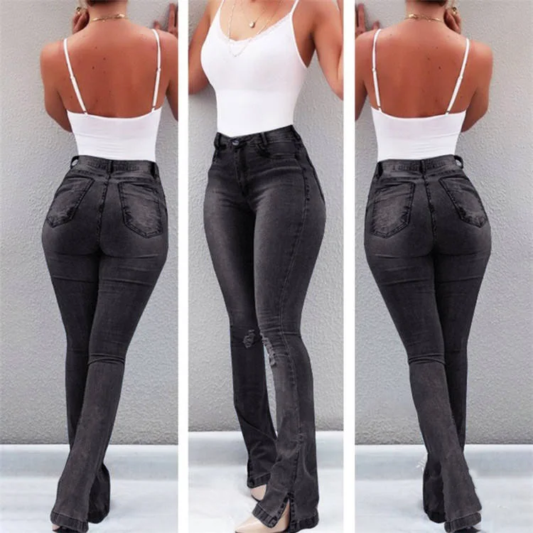 Ladies High Waist Wide Leg Raw Denim Trousers Pants Sexy Slim Skinny Fit Baggy Women's Jeans with Ripped Look