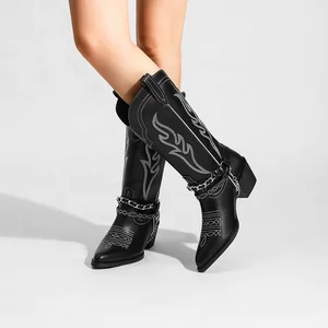 OEM Custom Knee High Embroidered Black Cowboy Boots for Women Western Cowgirl Design Removable Chain Height Increasing