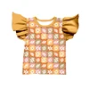 Retro Checkered Daisy Print Ginger Ruffle Sleeve T-shirt
