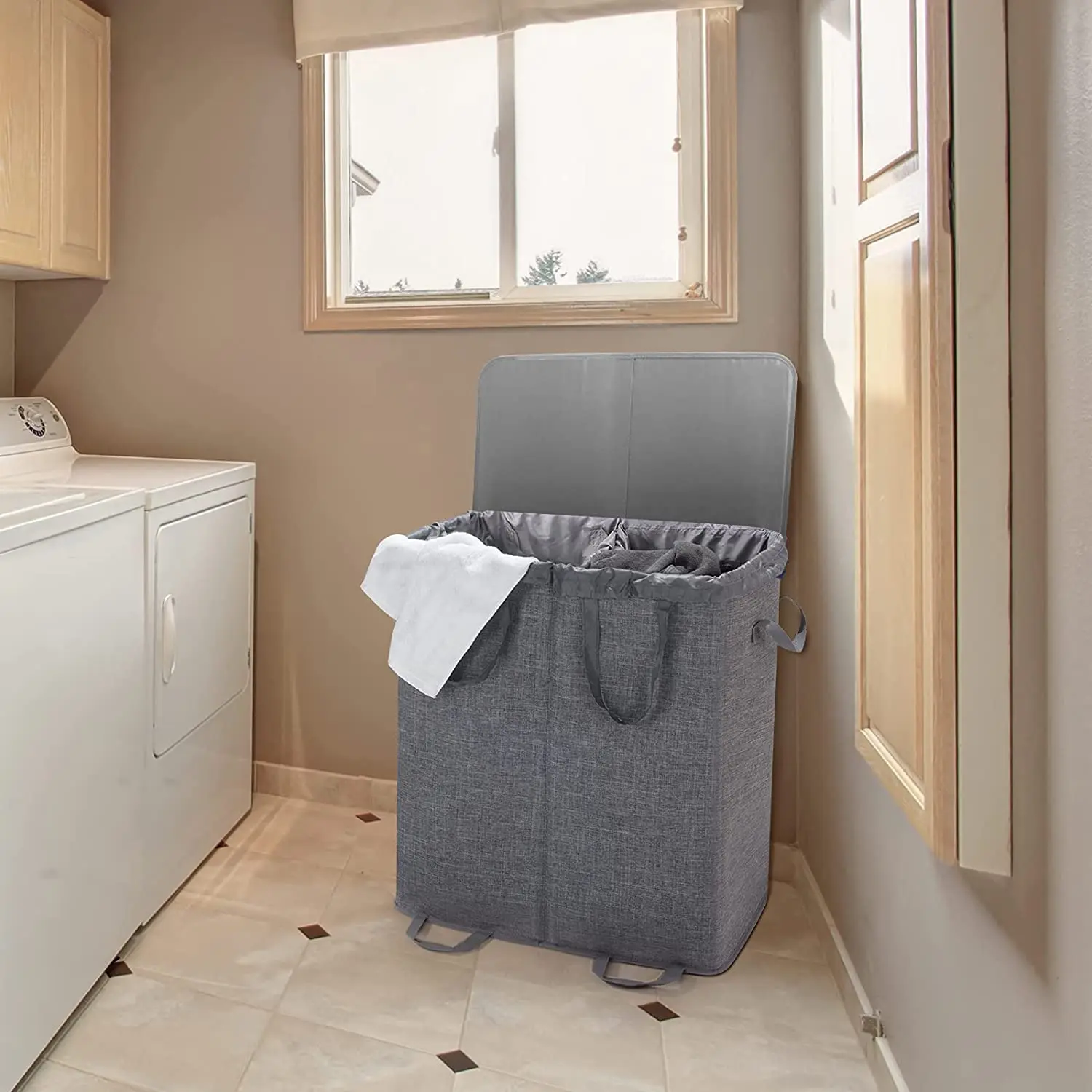 Large Capacity Collapsible 2 Dividers Dirty Clothes Basket Double Laundry Hamper With Lid and Removable Laundry Bags