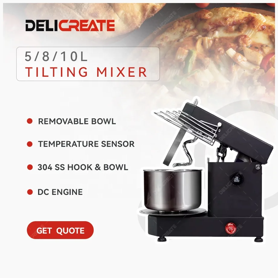 Delicreate 2Kg 5 Liter Quarts 4Kg 10Liter Tilt Head Spiral Dough Mixer With Removable Bowl Mixer Machine Bakery Dough Kneader