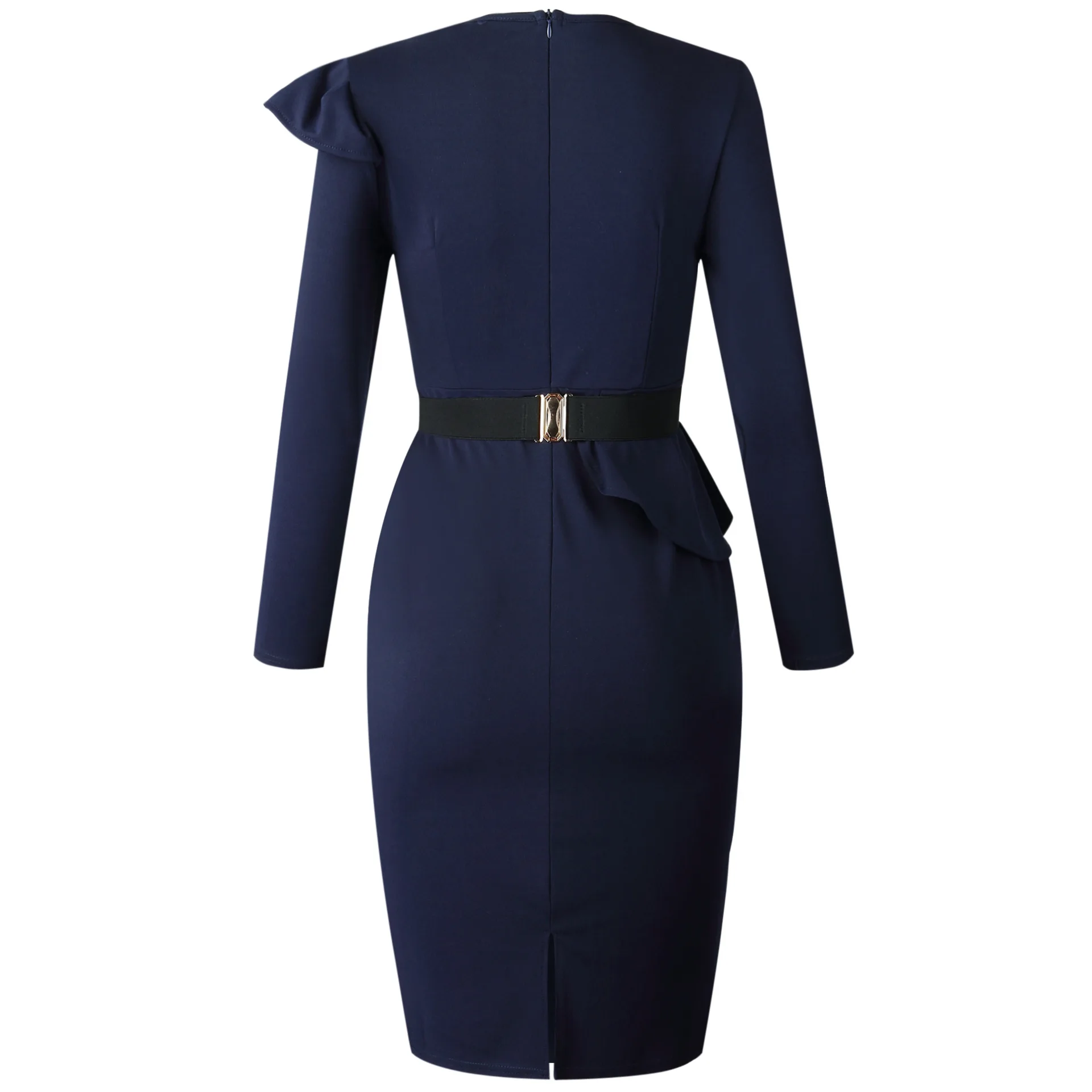 D036 High Quality Long Sleeve Ruffle Navy Blue Dresses Women Career