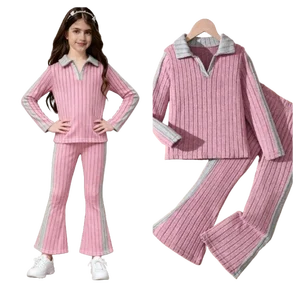 2026 Children Outfits Spring Kid Girls Clothes Striped Collar-up Long-sleeved Top Flared Pants 2 Piece Sets Teen Clothing